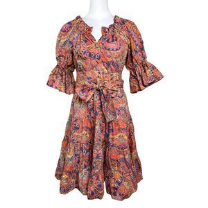Etro Dress Abiti Pink Blue Paisley Off Shoulder Tiered Puff Sleeve Mini